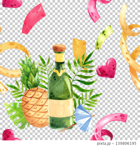 Summer seamless pattern with pineapples and champagne with festive confetti. Watercolor hand drawn party favor ornament. Suitable for cards, packaging, fabric, and birthdays. Summer seamless pattern with pineapples and champagne with festive confetti. Watercolor hand drawn party favor ornament. Suitable for cards, packaging, fabric, and birthdays. 139806195