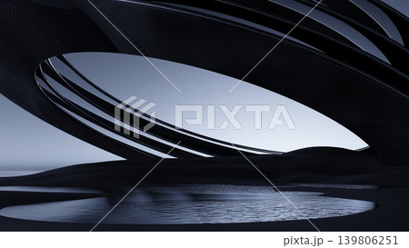 3D render, Abstract black curved structure over reflective water in dark futuristic minimalist landscape 3D render, Abstract black curved structure over reflective water in dark futuristic minimalist landscape 139806251