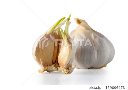 Whole Garlic Head and Cloves Isolated on White Background Whole Garlic Head and Cloves Isolated on White Background 139806478