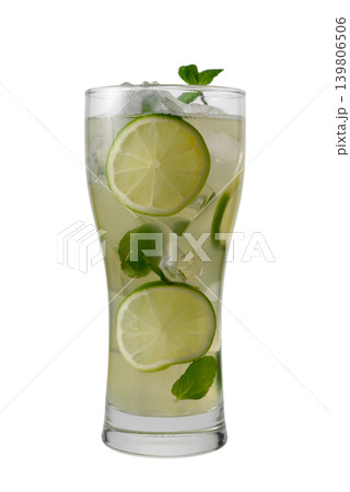 Mojito in Highball Glass with Lime and Mint on White Mojito in Highball Glass with Lime and Mint on White 139806506