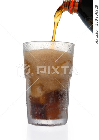 Coca-Cola Liquid Pouring from Bottle to Ice-Filled Glass 139806529
