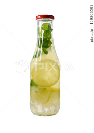 Glass Bottle with Cork Stopper Filled with Lemonade on White 139806595