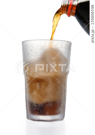 Coca-Cola Bottle Tilted Pouring into Iced Glass on White 139806596