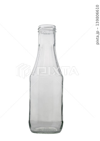 Clear Glass Sauce Bottle on White Clear Glass Sauce Bottle on White 139806610