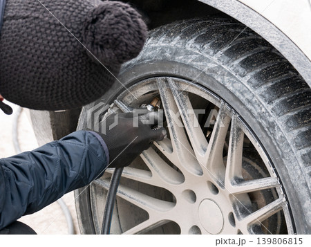 Man in knitted hat inflating dirty car tire. Vehicle maintenance and safety concept with wheel covered in road dust. Auto service. Man in knitted hat inflating dirty car tire. Vehicle maintenance and safety concept with wheel covered in road dust. Auto service. 139806815