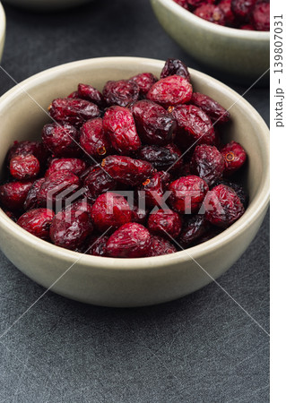 Red Cranberry Berries on Plate with Frozen and Dried Fruit 139807031