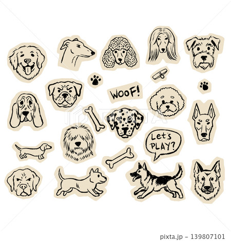 Dog breed collection, hand drawn pets set with puppies paw prints bones speech bubbles. Canine animal doodle art, pet care veterinary design element, woof play text, dog lover graphic Dog breed collection, hand drawn pets set with puppies paw prints bones speech bubbles. Canine animal doodle art, pet care veterinary design element, woof play text, dog lover graphic 139807101