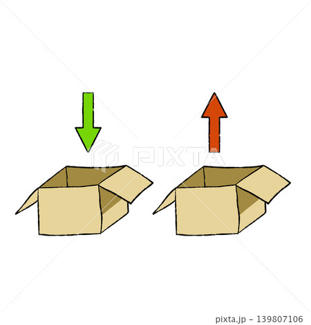 Isometric beige open box set, hand drawn cardboard carton package sketch. Green down arrow, red up arrow sign, import export trade flow. Delivery shipping concept. 139807106