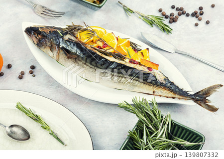 Whole Grilled Mackerel Served with Pineapple Whole Grilled Mackerel Served with Pineapple 139807332