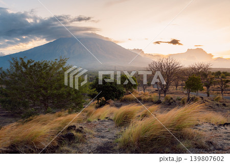Agung volcano landscape at sunset with dry grass, trees and dramatic cloudy sky Agung volcano landscape at sunset with dry grass, trees and dramatic cloudy sky 139807602