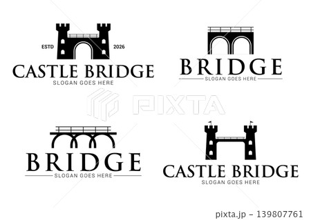 Urban bridge logo design illustration. Retro city bridge silhouette, abstract vintage ancient classic building. Simple flat silhouette design. 139807761