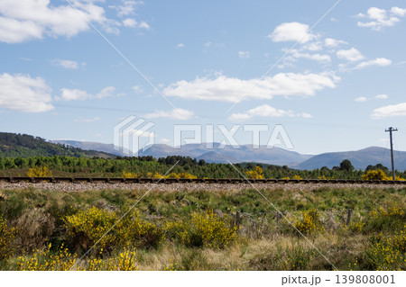 Single railway track with Cairngorm mountains in background, Aviemore, Scotland Single railway track with Cairngorm mountains in background, Aviemore, Scotland 139808001