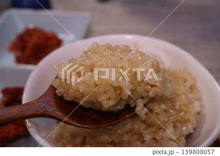 Steamed Rice on Wooden Spoon Close-Up Steamed Rice on Wooden Spoon Close-Up 139808057