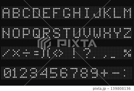 Led digital font, electronic display alphabet, electronic numbers and letters of digital ticker board, vector Led digital font, electronic display alphabet, electronic numbers and letters of digital ticker board, vector 139808136