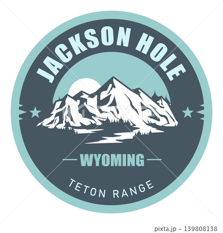 Jackson Hole ski resort, Wyoming Teton Range, USA, emblem with snow-covered mountains, vector Jackson Hole ski resort, Wyoming Teton Range, USA, emblem with snow-covered mountains, vector 139808138