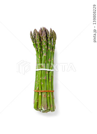 A bunch of fresh asparagus, on a white background, top view, no people, A bunch of fresh asparagus, on a white background, top view, no people, 139808229