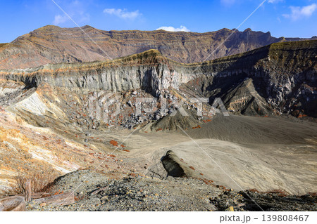 View of the crater opening of erupting volcano. Crater with volcanic gas fumaroles. Clouds and steam in the sky.  139808467