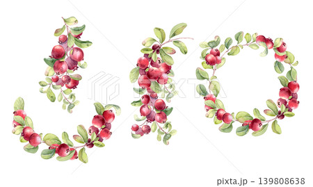 Watercolor lingonberry set for graphic design. Fresh red wild berries collection of clipart for greeting card, invitation, brochure, and craft project. Cranberry hand drawn elements, wreath isolated. 139808638