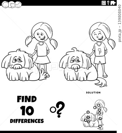 differences puzzle game with cute cartoon girl and her dog coloring page differences puzzle game with cute cartoon girl and her dog coloring page 139808840