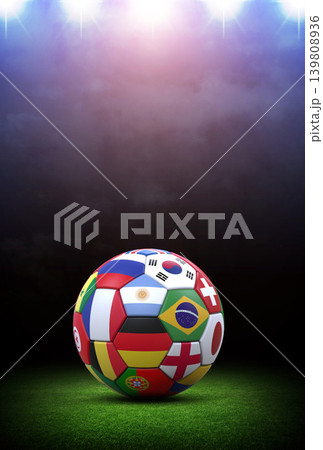 International flags on soccer ball in the stadium International flags on soccer ball in the stadium 139808936