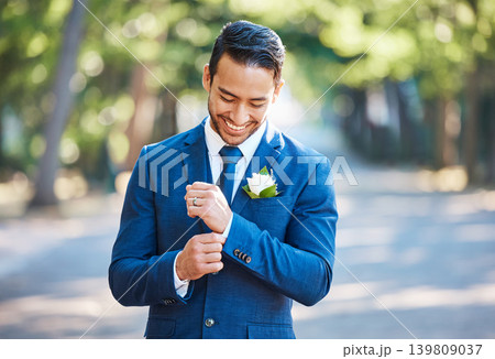 Wedding, man and smile with cuffs for getting ready, preparation and adjust suit in nature. Person, groom and outdoor with fashion for special event, marriage commitment and start of ceremony Wedding, man and smile with cuffs for getting ready, preparation and adjust suit in nature. Person, groom and outdoor with fashion for special event, marriage commitment and start of ceremony 139809037