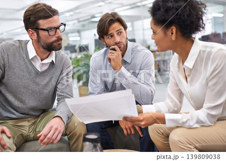 Business people, documents and thinking in meeting, decision or schedule planning at office. Group of employees with paperwork in teamwork, finance or budget for financial plan or choice at workplace Business people, documents and thinking in meeting, decision or schedule planning at office. Group of employees with paperwork in teamwork, finance or budget for financial plan or choice at workplace 139809038