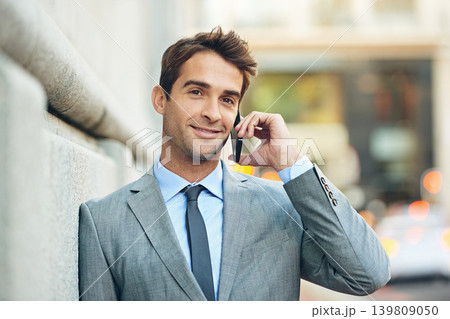 Lawyer, outdoor and portrait of man with phone call in city networking with communication to client. Attorney, smile or businessman chat on smartphone at court or law firm in London for consultation 139809050