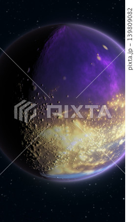 Dark cosmic planet with purple rim light, starry space background, and glowing particles forming a mysterious celestial surface. Dark cosmic planet with purple rim light, starry space background, and glowing particles forming a mysterious celestial surface. 139809082