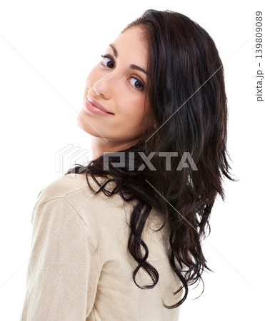 Woman, face and beauty with hair in studio, positivity and pride with salon treatment for change on white background. Portrait, shine and texture with smile, facial and natural cosmetics for haircare Woman, face and beauty with hair in studio, positivity and pride with salon treatment for change on white background. Portrait, shine and texture with smile, facial and natural cosmetics for haircare 139809089