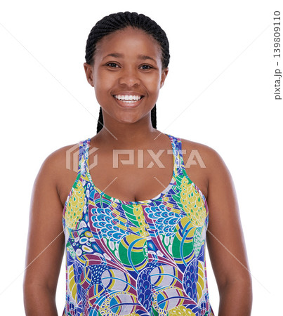 Woman, portrait and smile or confidence in studio with relax, good mood and positive attitude with casual fashion. African girl, person and face with happiness, pride and wellness on white background Woman, portrait and smile or confidence in studio with relax, good mood and positive attitude with casual fashion. African girl, person and face with happiness, pride and wellness on white background 139809110