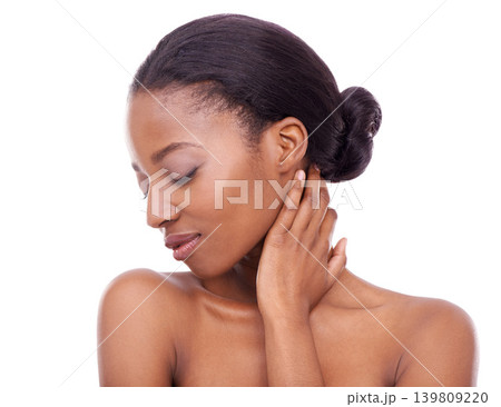 Skincare, hand and beauty of black woman with eyes closed for glow isolated on a white studio background. Touch, makeup and model in cosmetics, dermatology and spa facial treatment for smooth skin Skincare, hand and beauty of black woman with eyes closed for glow isolated on a white studio background. Touch, makeup and model in cosmetics, dermatology and spa facial treatment for smooth skin 139809220