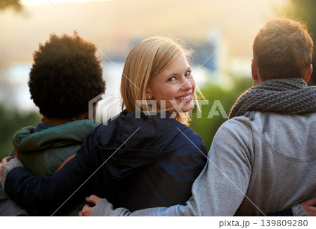 College, friends and portrait with hug or happy for bonding, relax and break on campus with diversity. University, people and smile with embrace for support, education and learning fun with rear view College, friends and portrait with hug or happy for bonding, relax and break on campus with diversity. University, people and smile with embrace for support, education and learning fun with rear view 139809280