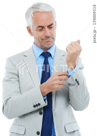 Fashion, getting ready and dressing with mature businessman in studio isolated on white background. Corporate, suit and clothes with confident professional CEO in outfit for company management Fashion, getting ready and dressing with mature businessman in studio isolated on white background. Corporate, suit and clothes with confident professional CEO in outfit for company management 139809319