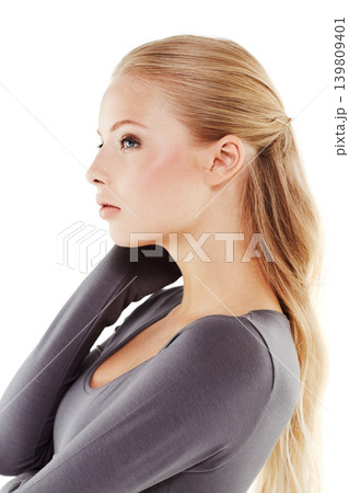 Woman, profile and makeup with beauty in studio and white background for skincare. Gen z, model and natural glow on face from cosmetics, dermatology or treatment on skin and shine in hair care Woman, profile and makeup with beauty in studio and white background for skincare. Gen z, model and natural glow on face from cosmetics, dermatology or treatment on skin and shine in hair care 139809401