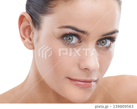 Woman, portrait and eyes with beauty, makeup or cosmetics on a white studio background. Face of young female person, brunette or model in satisfaction for mascara, cosmetology or facial treatment Woman, portrait and eyes with beauty, makeup or cosmetics on a white studio background. Face of young female person, brunette or model in satisfaction for mascara, cosmetology or facial treatment 139809563
