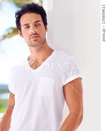 Man, thinking and serious about fashion outdoor in summer with memory of vacation or holiday. Casual, style and calm person relax in sunshine and remember idea for travel to Miami and Florida Man, thinking and serious about fashion outdoor in summer with memory of vacation or holiday. Casual, style and calm person relax in sunshine and remember idea for travel to Miami and Florida 139809611