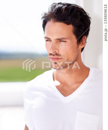 Serious, thinking and man with fashion outdoor in summer with memory of vacation or holiday. Casual, style and calm person relax in morning sunshine on break and remember idea for trendy outfit Serious, thinking and man with fashion outdoor in summer with memory of vacation or holiday. Casual, style and calm person relax in morning sunshine on break and remember idea for trendy outfit 139809618