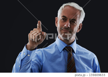 Business man, finger or click interface for choice isolated on black studio background. Touch, professional or hand gesture on screen, press button or future innovation of digital tech for senior CEO Business man, finger or click interface for choice isolated on black studio background. Touch, professional or hand gesture on screen, press button or future innovation of digital tech for senior CEO 139809633