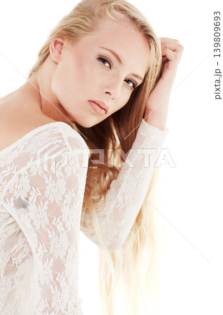 Serious, portrait and woman with beauty from makeup, skincare or dermatology in white background. Studio, model and girl with cosmetics on skin for natural glow with confidence, pride and aesthetic 139809693