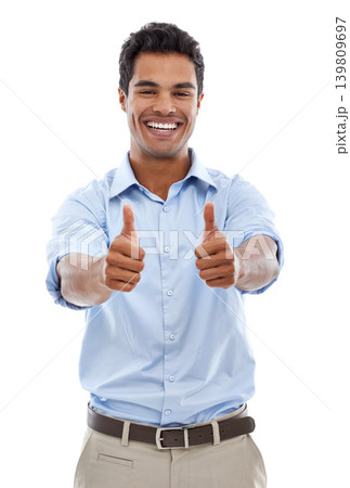 Business man, yes and thumbs up in studio for achievement, support and like emoji or success. Portrait of professional Mexican employee or worker with good job, okay or feedback on a white background Business man, yes and thumbs up in studio for achievement, support and like emoji or success. Portrait of professional Mexican employee or worker with good job, okay or feedback on a white background 139809697