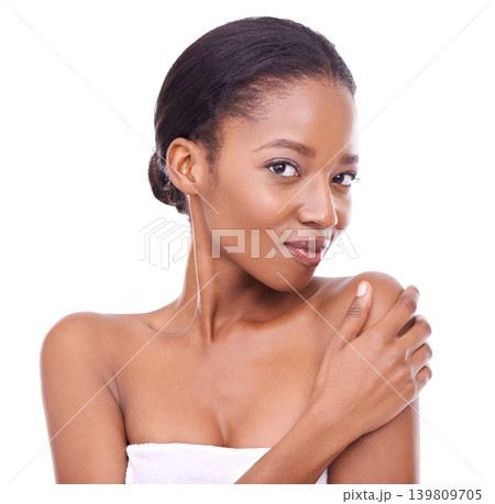 Beauty, skincare and portrait of black woman in studio, white background and cosmetics mockup. African, model and healthy glow on skin from dermatology, treatment or person with confidence and pride Beauty, skincare and portrait of black woman in studio, white background and cosmetics mockup. African, model and healthy glow on skin from dermatology, treatment or person with confidence and pride 139809705