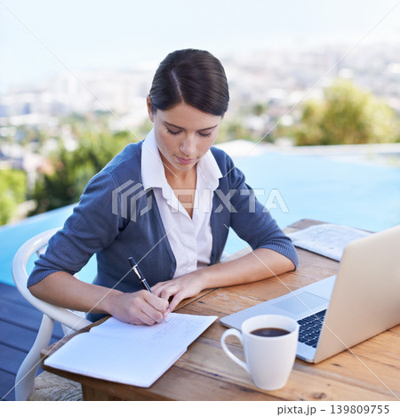 Woman, writing notes and remote work with laptop, notebook and morning coffee for schedule and agenda. Planning, information and research with tech, journalist with ideas for article and busy outdoor 139809755