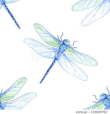Watercolor seamless pattern with flying dragonflies isolated on white background. Hand drawn botanical insect texture for summer textile print, wrapping paper, wallpaper and stationery design. Watercolor seamless pattern with flying dragonflies isolated on white background. Hand drawn botanical insect texture for summer textile print, wrapping paper, wallpaper and stationery design. 139809762