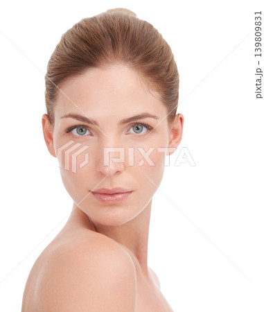 Woman, skincare and wellness in studio portrait with glow, cosmetics and healthy by white background. Girl, person or model with facial skin, beauty and shine with change, dermatology or aesthetic Woman, skincare and wellness in studio portrait with glow, cosmetics and healthy by white background. Girl, person or model with facial skin, beauty and shine with change, dermatology or aesthetic 139809831