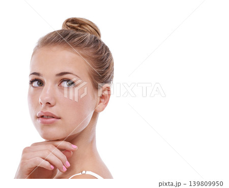 Woman, face and thinking of idea in studio for problem solving, contemplating or wondering on mockup space. Person, thoughtful or daydreaming with confidence, solution or decision on white background Woman, face and thinking of idea in studio for problem solving, contemplating or wondering on mockup space. Person, thoughtful or daydreaming with confidence, solution or decision on white background 139809950