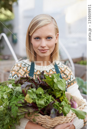 Gardening, vegetables and portrait of woman with plants for landscaping, planting flowers and growth. Agriculture, nature and face of person outdoors for environment, ecology and nursery in garden Gardening, vegetables and portrait of woman with plants for landscaping, planting flowers and growth. Agriculture, nature and face of person outdoors for environment, ecology and nursery in garden 139809951