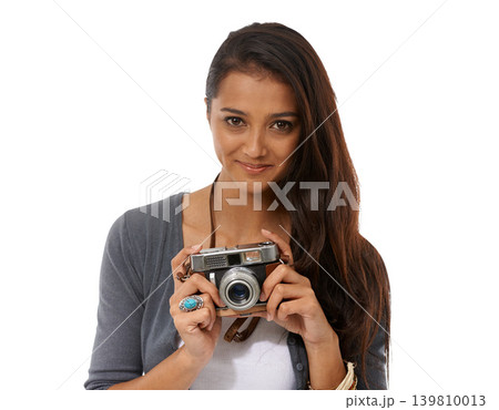 Woman, photographer and vintage camera in studio, portrait and pride for picture or production. Happy female person, retro equipment and confident on white background, photoshoot and lens for hobby Woman, photographer and vintage camera in studio, portrait and pride for picture or production. Happy female person, retro equipment and confident on white background, photoshoot and lens for hobby 139810013