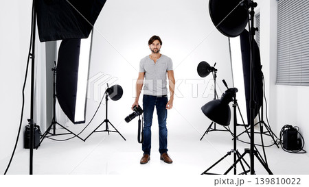 Photographer, portrait or lighting with equipment in studio for career, behind the scenes or camera. Photography, guy and confidence with electronics, flash or shooting gear for photoshoot or passion Photographer, portrait or lighting with equipment in studio for career, behind the scenes or camera. Photography, guy and confidence with electronics, flash or shooting gear for photoshoot or passion 139810022