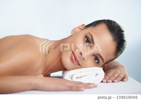 Relax, happy and portrait of woman at spa with self care, wellness and luxury skin treatment for zen. Calm, cosmetics and young female person with beauty body routine at health salon for peace. Relax, happy and portrait of woman at spa with self care, wellness and luxury skin treatment for zen. Calm, cosmetics and young female person with beauty body routine at health salon for peace. 139810048