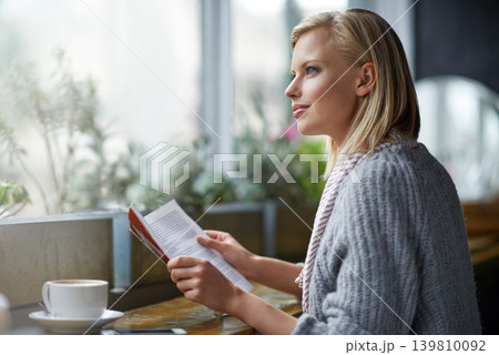 Coffee shop, reading and woman with book thinking by window with drink, cappuccino and latte. Cafeteria, restaurant and happy person with story, literature and novel for relaxing, learning and hobby Coffee shop, reading and woman with book thinking by window with drink, cappuccino and latte. Cafeteria, restaurant and happy person with story, literature and novel for relaxing, learning and hobby 139810092